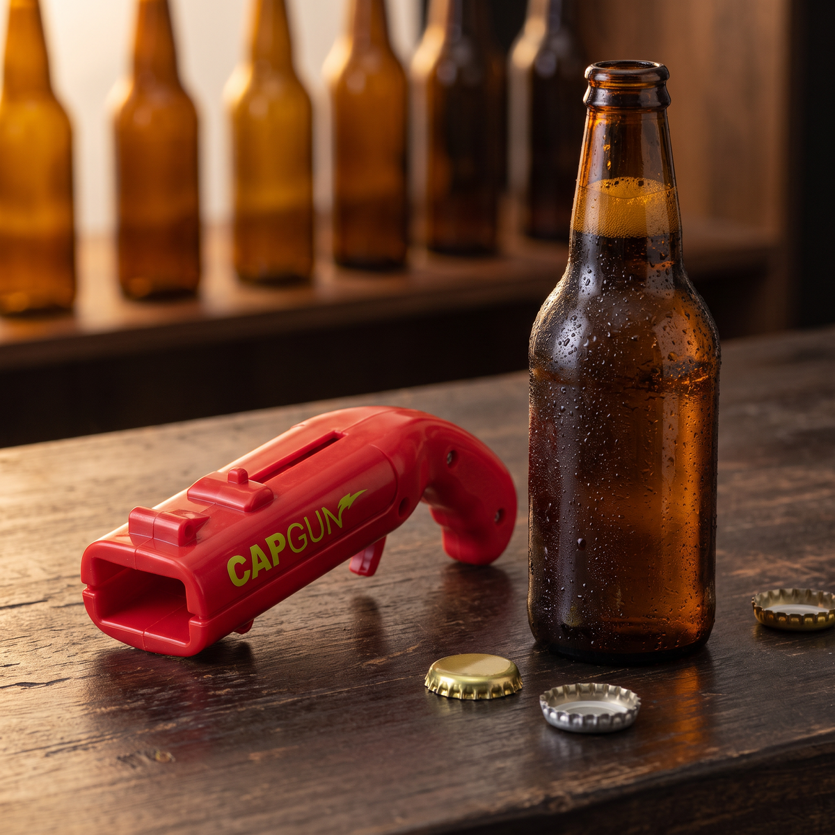 CapGun - Red - on the bar with a cold beer